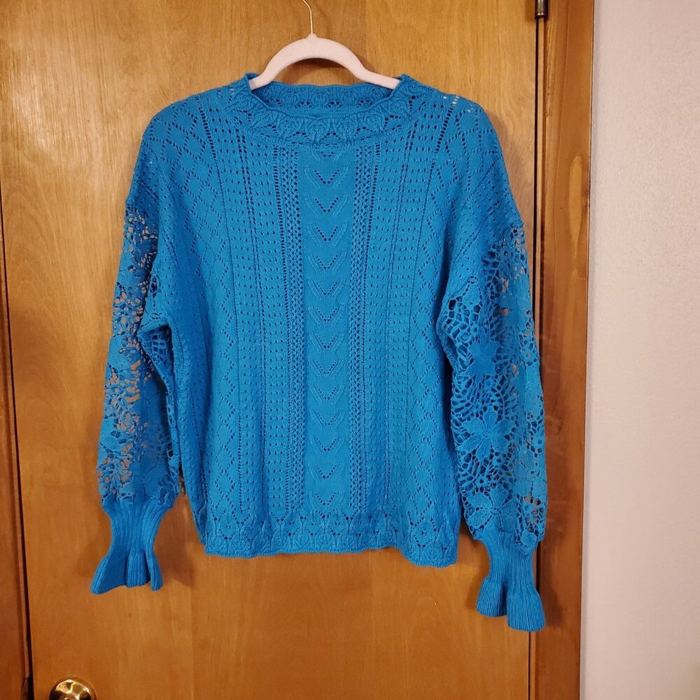Crochet Lace Pointelle Knit Sweater Womens Medium Teal EUC